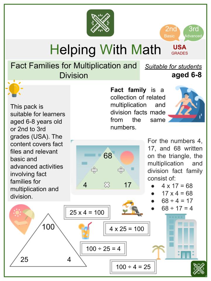 Fact Families for Multiplication and Division (Summer Themed) Worksheets
