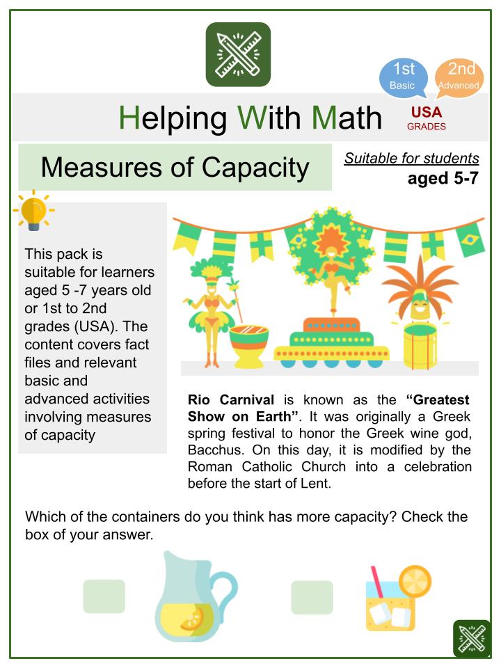 Measures of Capacity (Rio Carnival Themed) Math Worksheets