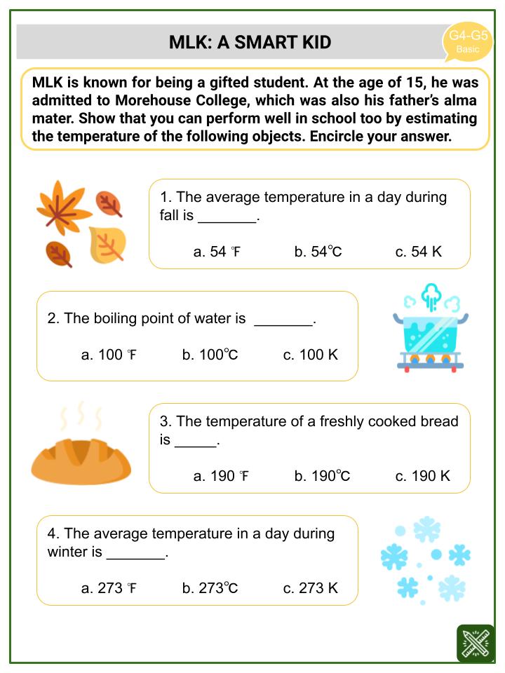 Measuring Skill_ Fahrenheit and Celsius Scales (Martin Luther King Jr. Day Themed) Worksheets
