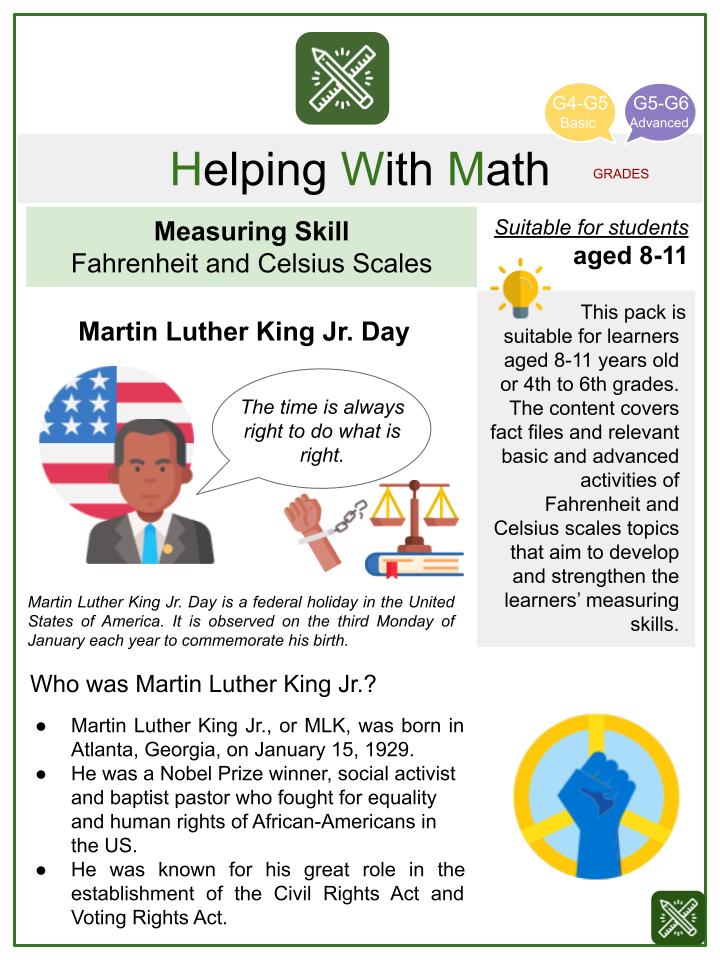 Fahrenheit And Celsius Scales Martin Luther Themed Math Worksheets