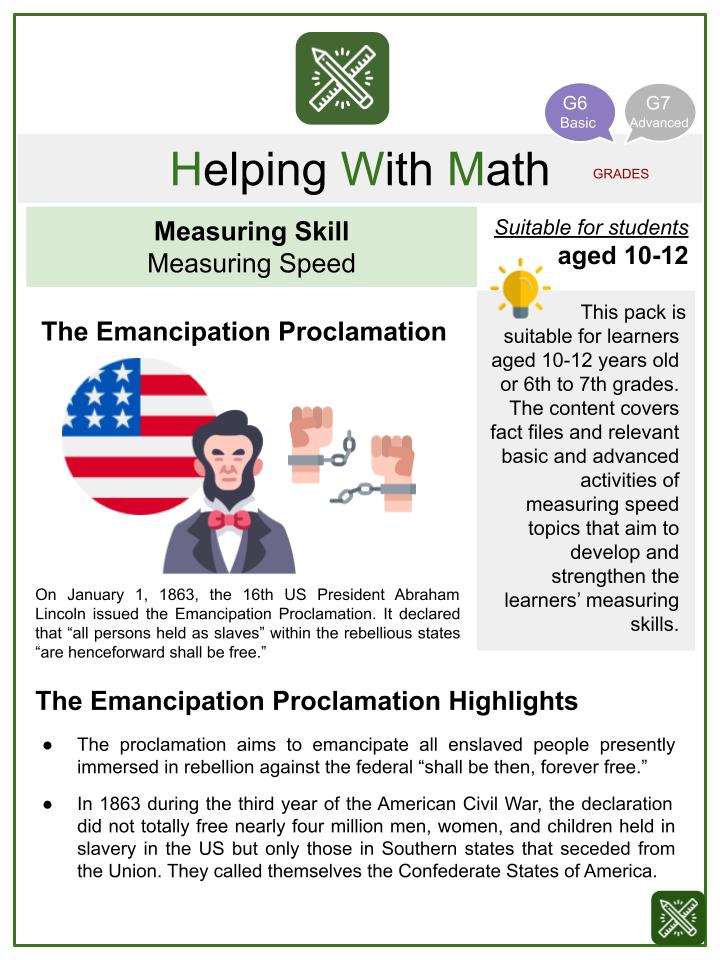 Measuring Speed (Emancipation Proclamation Themed) Math Worksheets