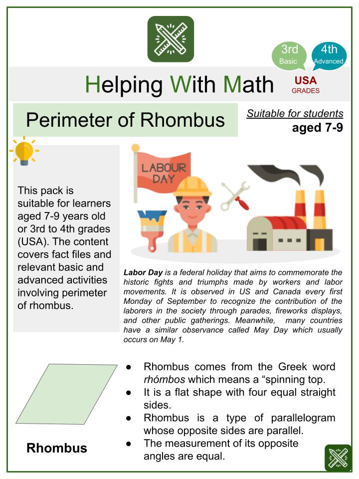 Perimeter of Rhombus (Labor Day Themed) Math Worksheets