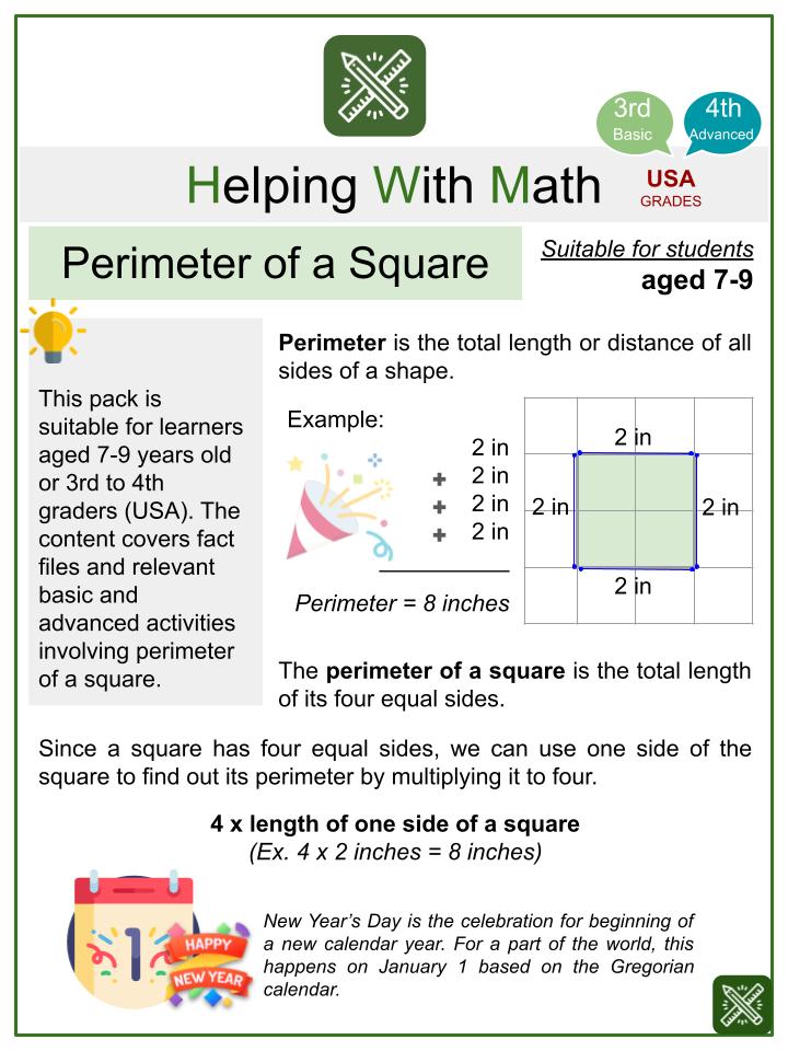 Perimeter of a Square (New Year's Day Themed) Worksheets