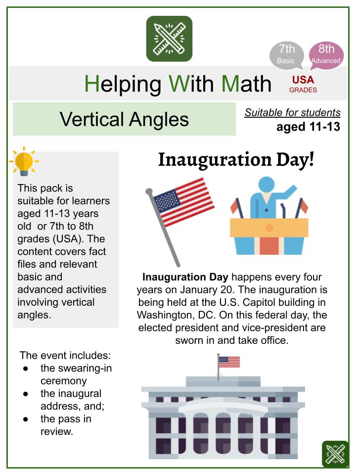 Vertical Angles (Inauguration Day Themed) Worksheets