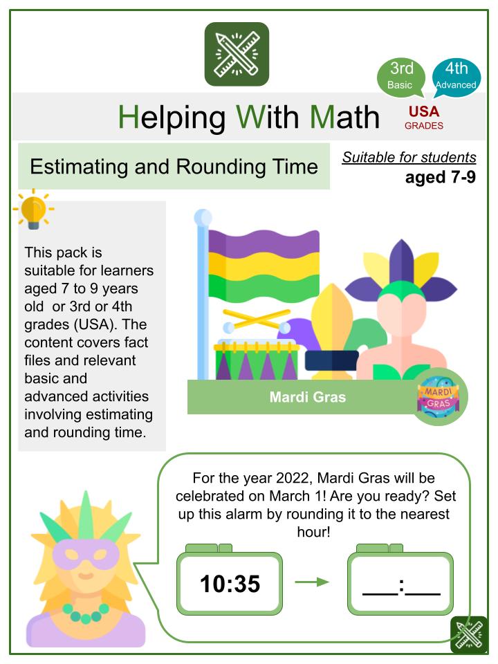 Estimating and Rounding Time (Mardi Gras Themed) Worksheets