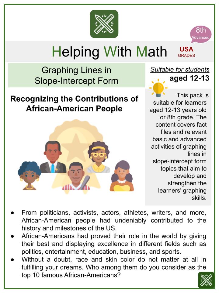 Graphing Lines in Slope-Intercept Form Famous African-Americans Math Worksheets