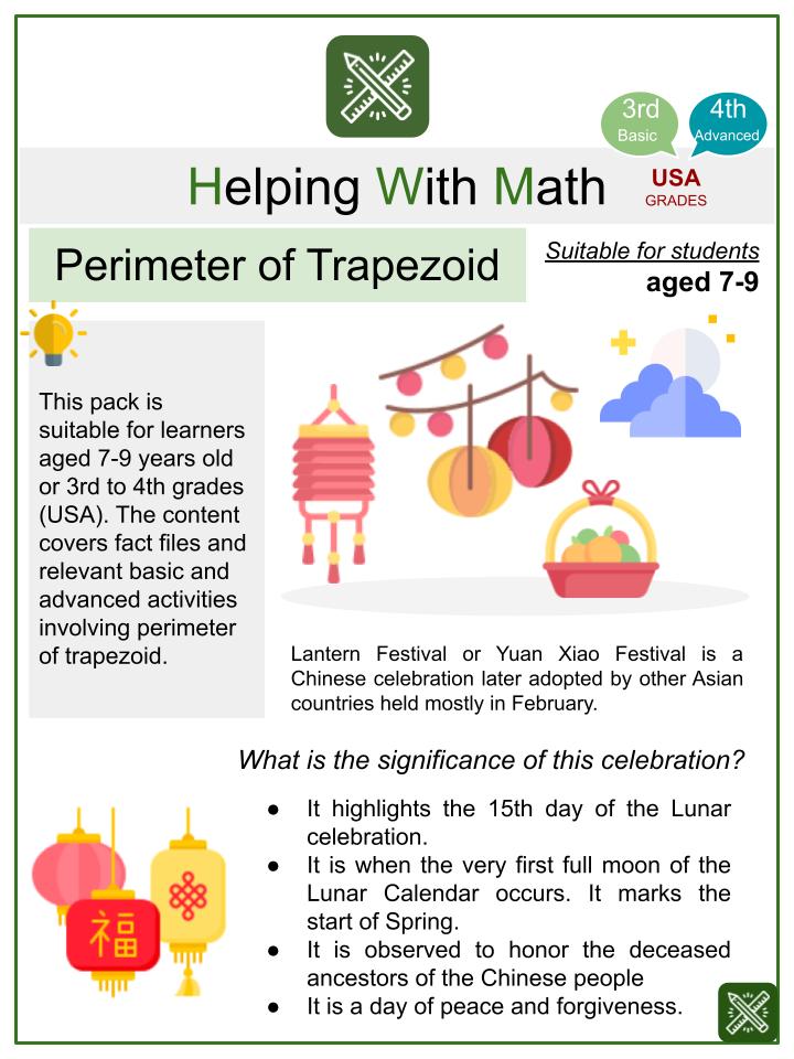 Perimeter of Trapezoid (Lantern Festival Themed) Math Worksheets
