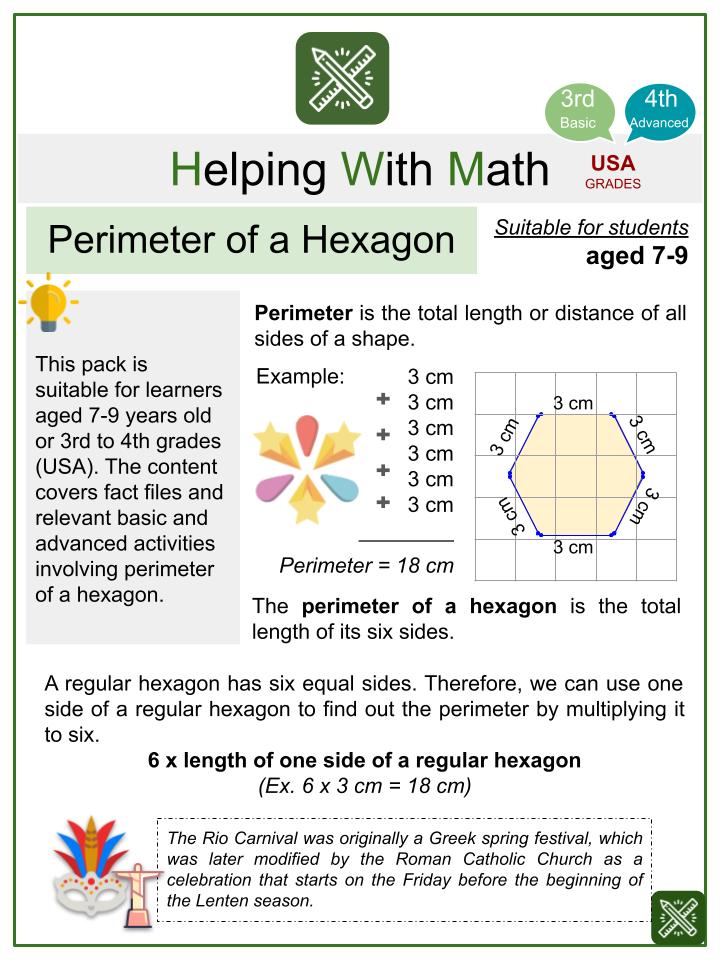 Perimeter of a Hexagon (Rio Carnival Themed) Math Worksheets