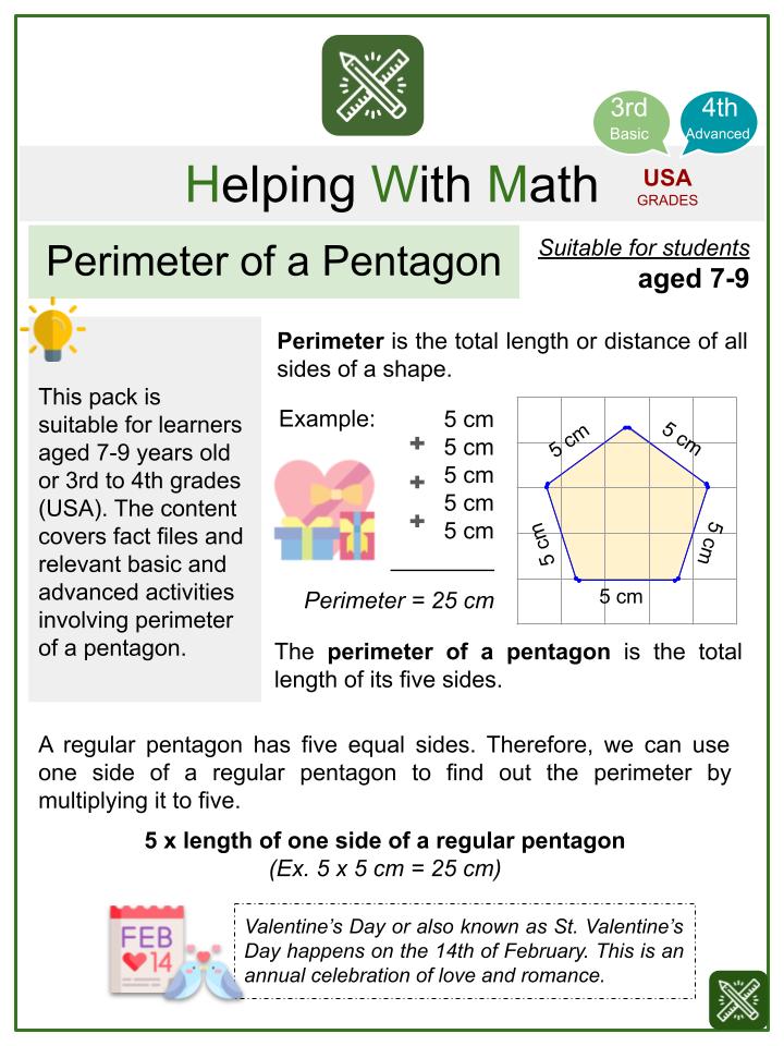 Perimeter of a Pentagon (Valentine's Day Themed) Math Worksheets