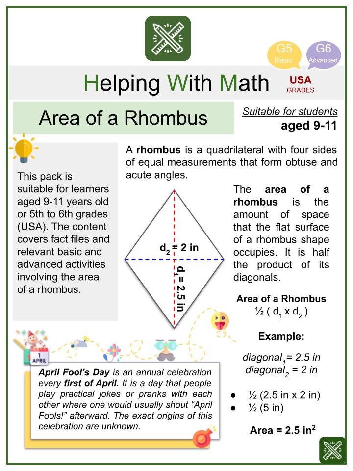 Area Of A Rhombus April Fool s Day Themed Math Worksheets Age 9 11