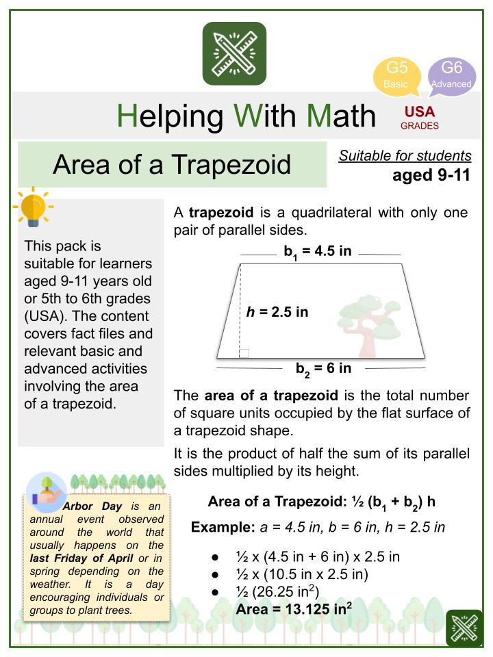 Area of a Trapezoid (Arbor Day Themed) Worksheets