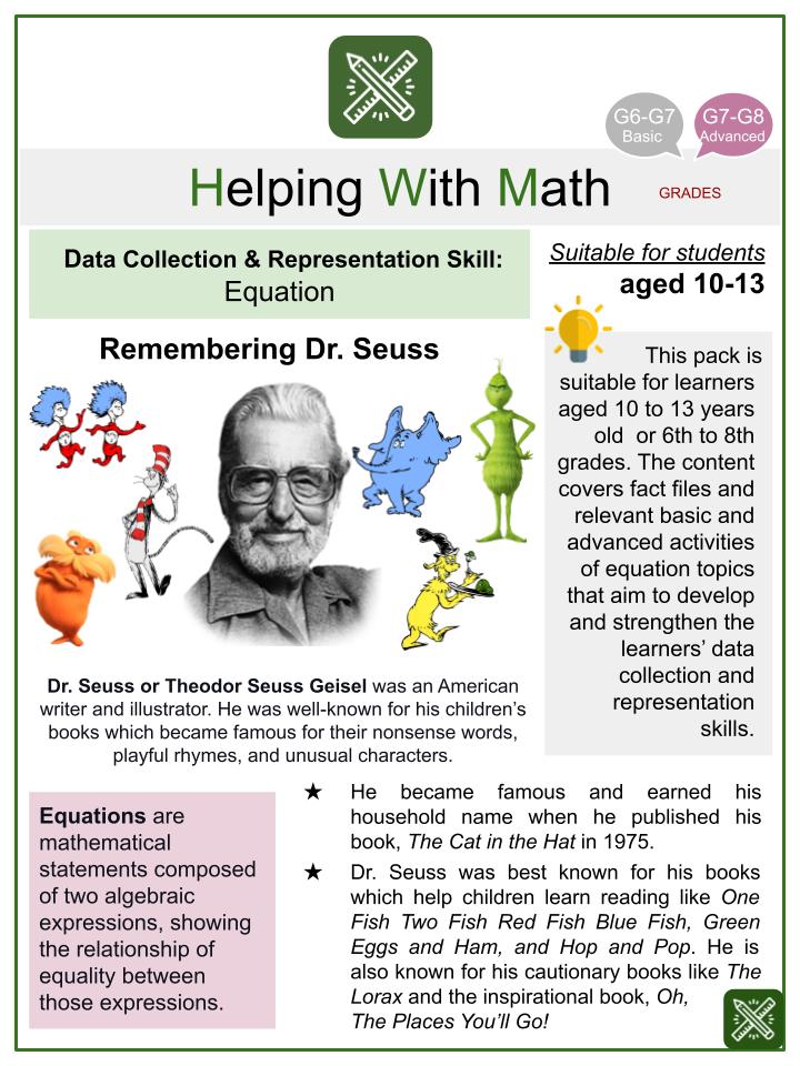 Equation (Dr. Seuss Themed) Math Worksheets