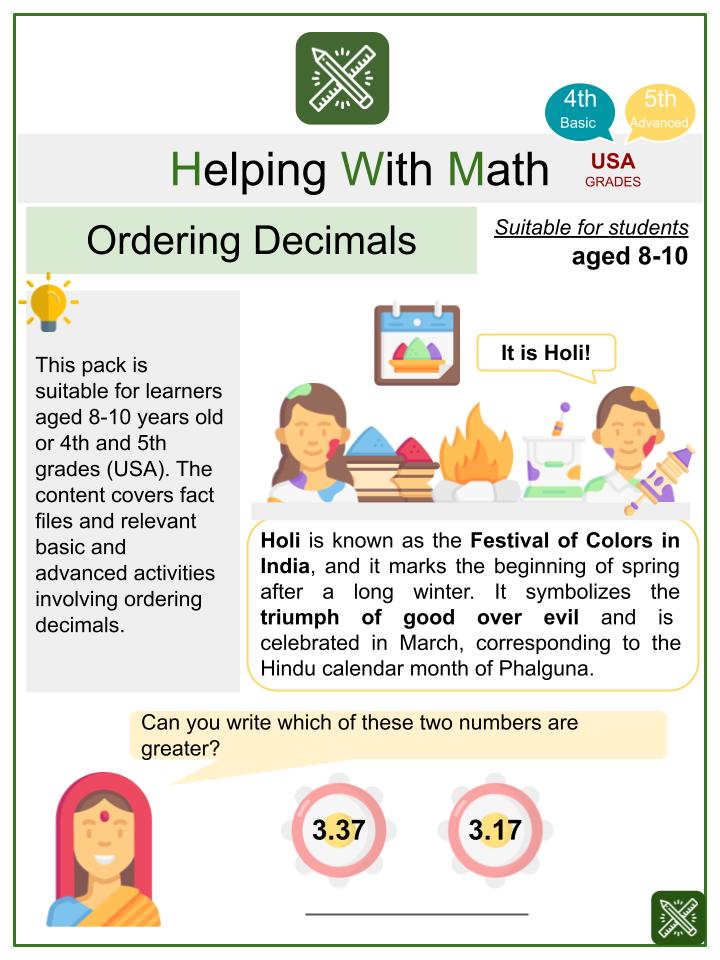 Ordering Decimals (Holi Themed) Math Worksheets
