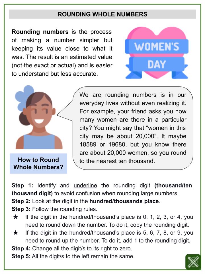 Rounding Whole Numbers (Thousands and Ten Thousands) (International Women's Day Themed) Worksheets
