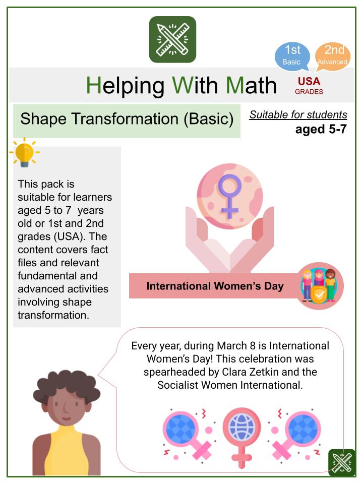 Shape Transformation (Basic) (International Women's Day Themed) Math Worksheets