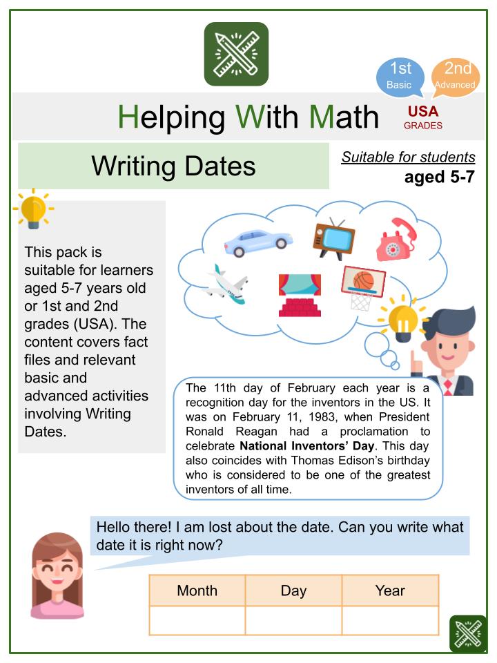 Writing Dates (National Inventors' Day Themed) Math Worksheets