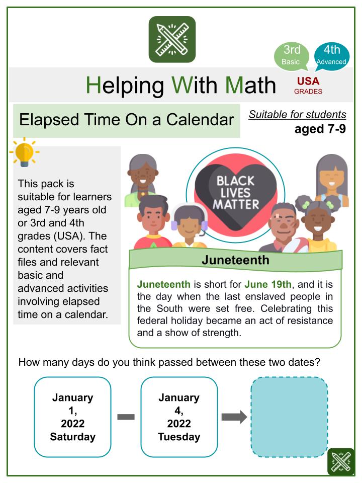 Elapsed Time on a Calendar (Juneteenth Themed) Worksheets