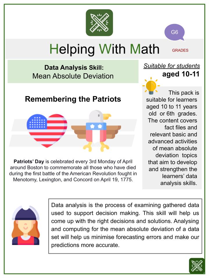 Mean Absolute Deviation (Patriots' Day Themed) Math Worksheets