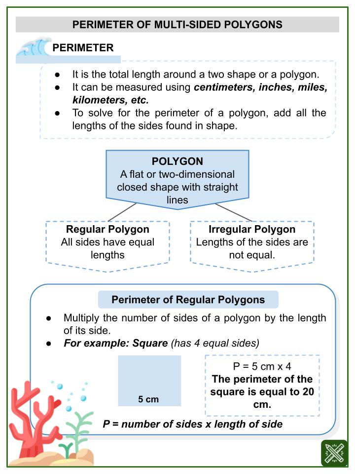 Perimeter of Multi-sided Polygons (World's Oceans Day Themed) Worksheets
