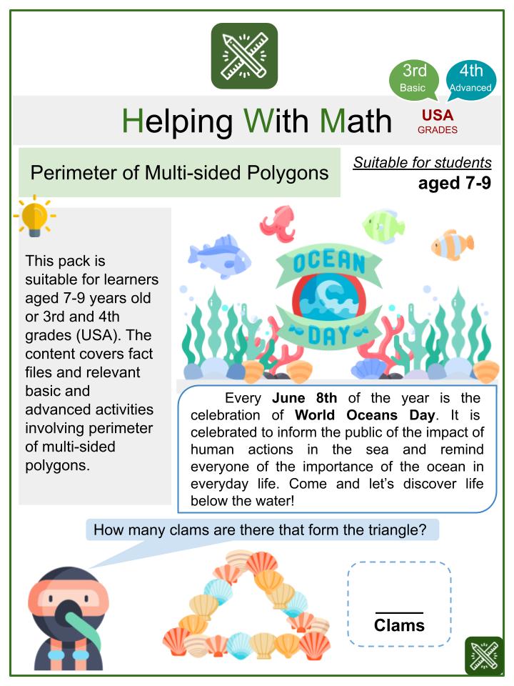 Perimeter of Multi-Sided Polygons (World's Oceans Day Themed) Math Worksheets