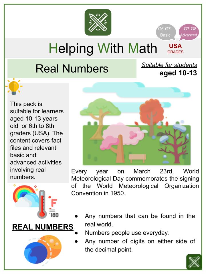 Real Numbers (World Meteorological Day Themed) Math Worksheets