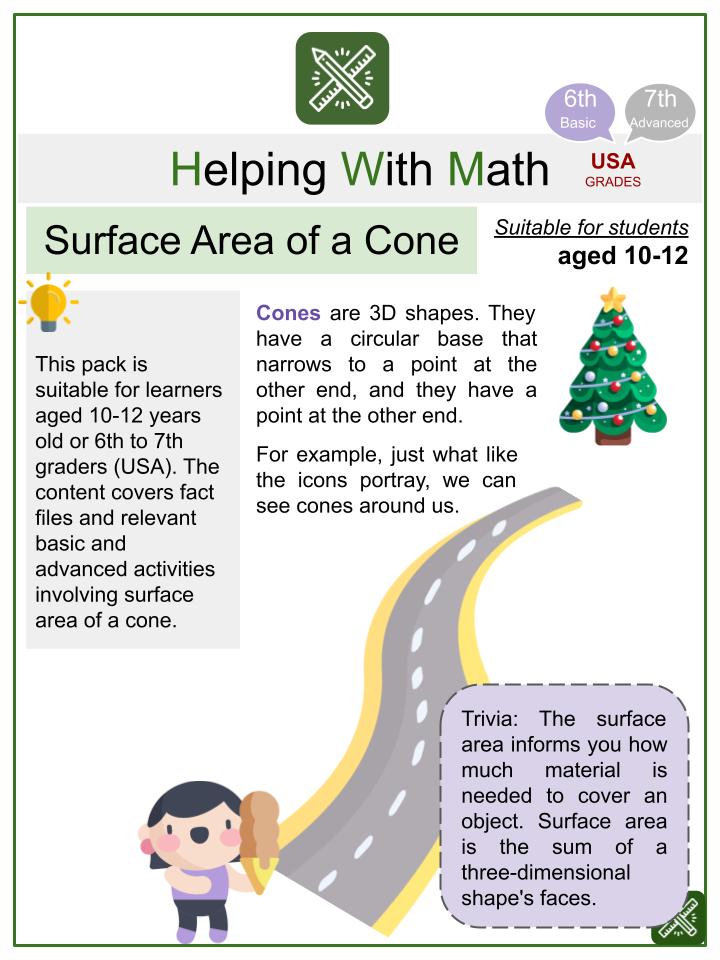 Surface Area of a Cone (Christmas Themed) Math Worksheets