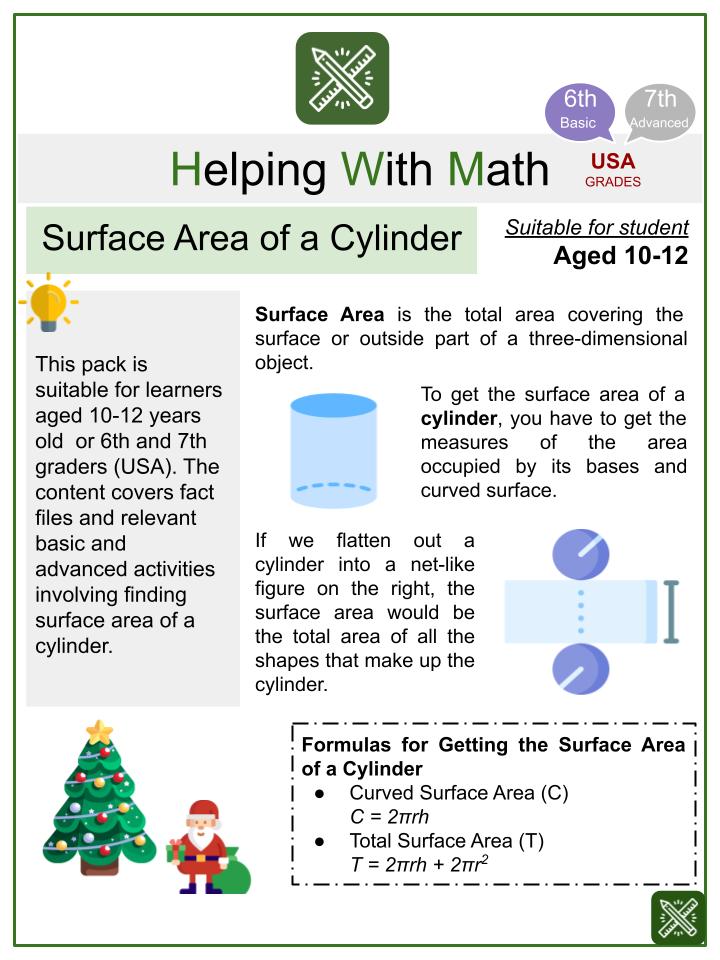 Surface Area of a Cylinder (Christmas themed) Math Worksheets