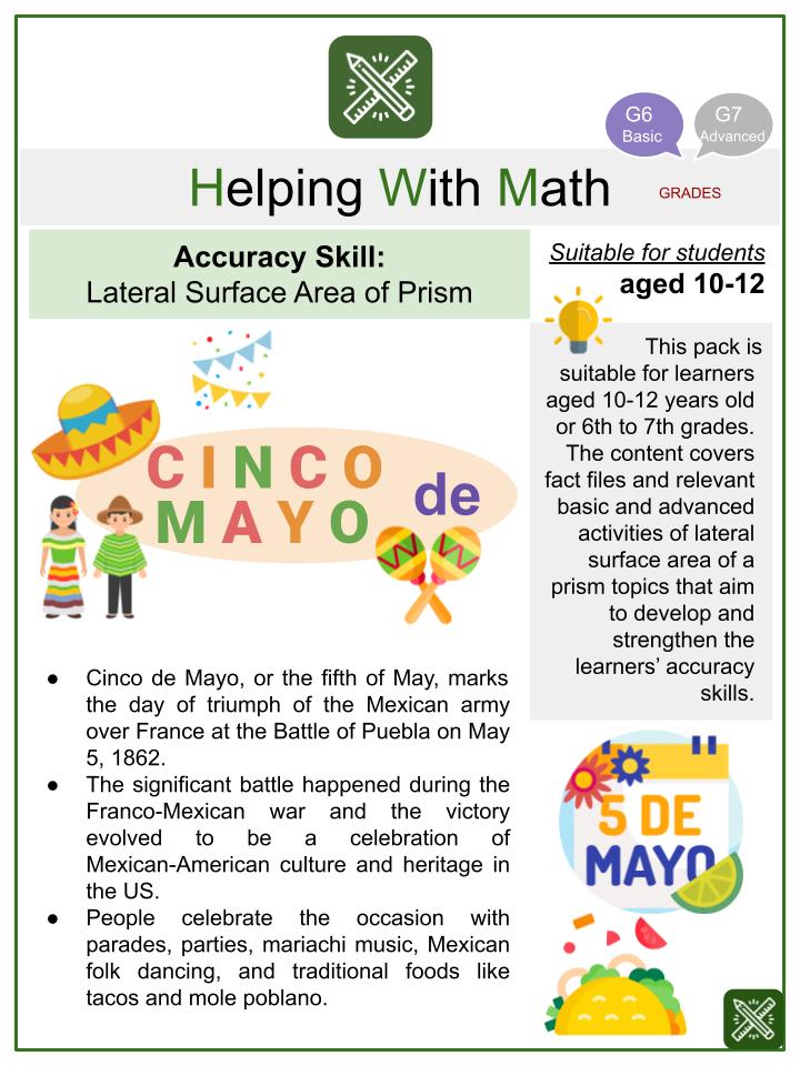 Lateral Surface Area of Prism (Cinco de Mayo Themed) Math Worksheets