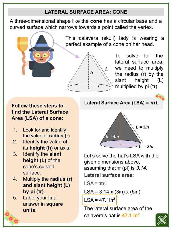 Lateral Surface Area of a Cone (Day of the Dead Themed) Worksheets