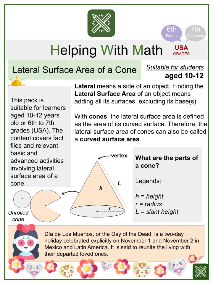Lateral Surface Area of a Cone (Day of the Dead Themed) Math Worksheets