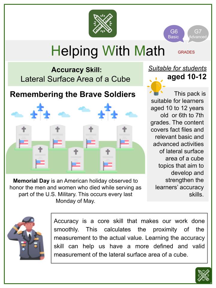 Lateral Surface Area of a Cube (Memorial Day Themed) Worksheets
