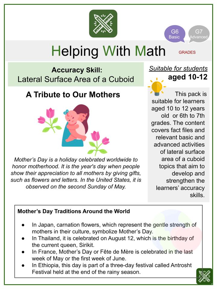 Lateral Surface Area of a Cuboid (Mother's Day Themed) Math Worksheets