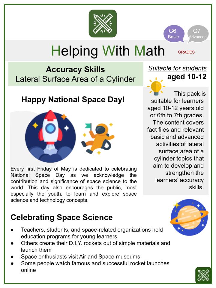 Lateral Surface Area of a Cylinder (National Space Day Themed) Math Worksheets