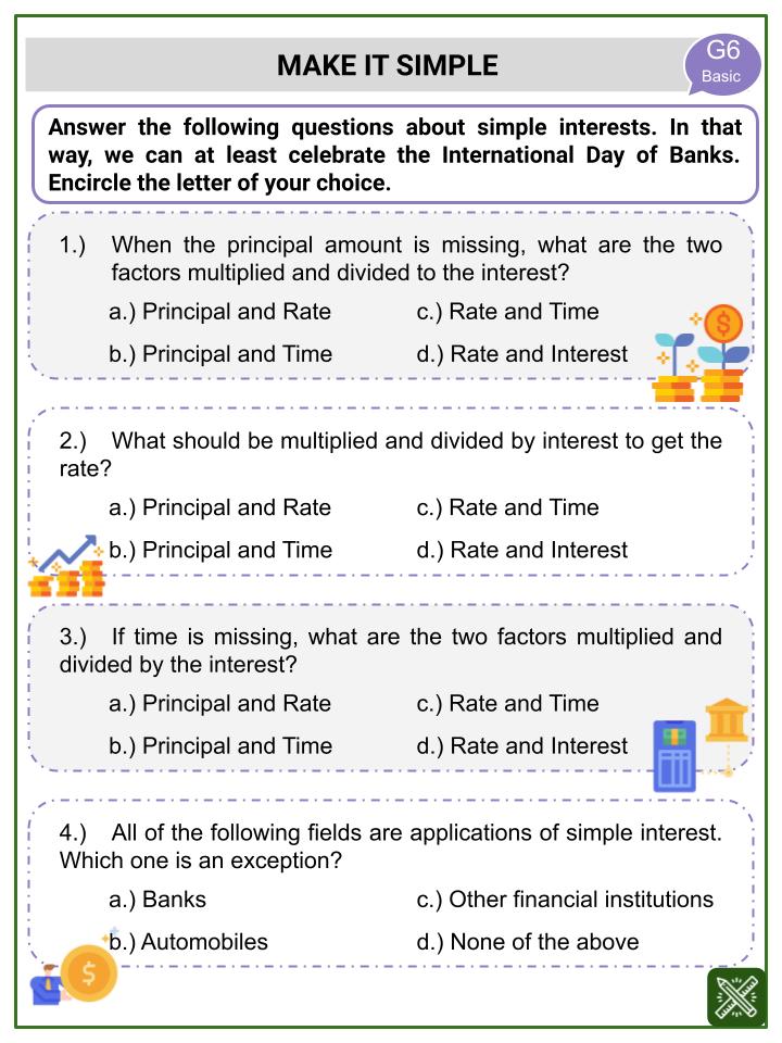 Simple Interest (International Day of Banks Themed) Worksheets
