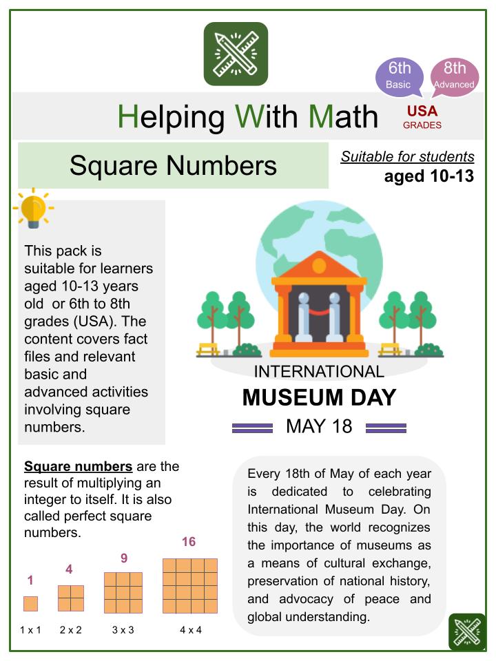 Square Numbers (International Museum Day Themed) Math Worksheets