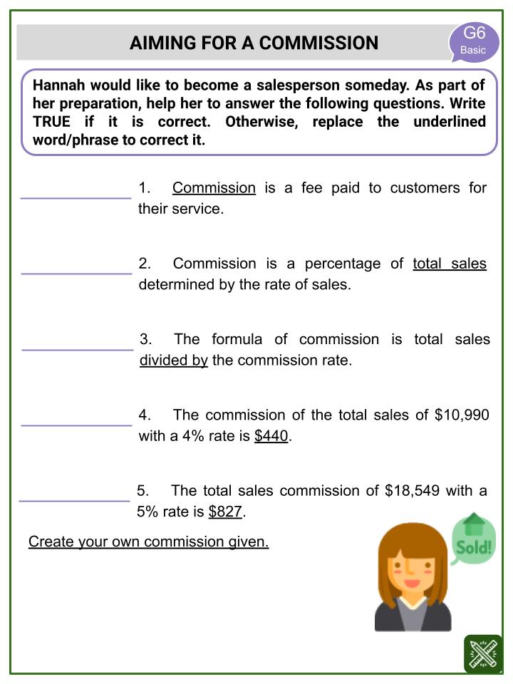Commission National Salesperson Day Themed Worksheets Aged 10 12