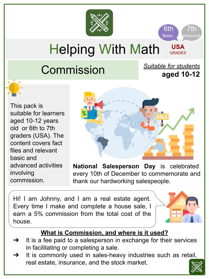 Commission (National Salesperson Day Themed) Worksheets