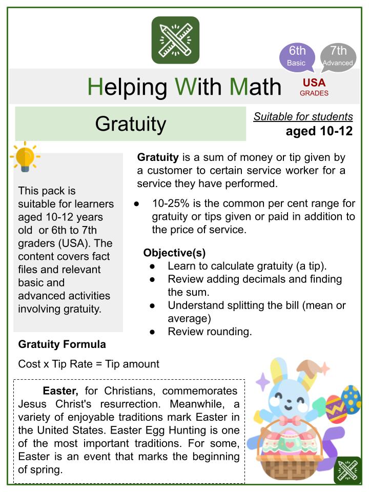 Gratuity (Easter Themed) Math Worksheets