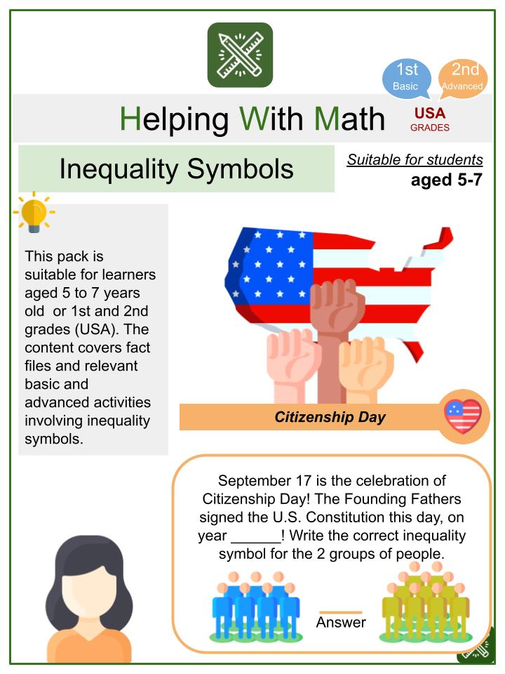 Inequality Symbols (Citizenship Day Themed) Worksheets Math Worksheets