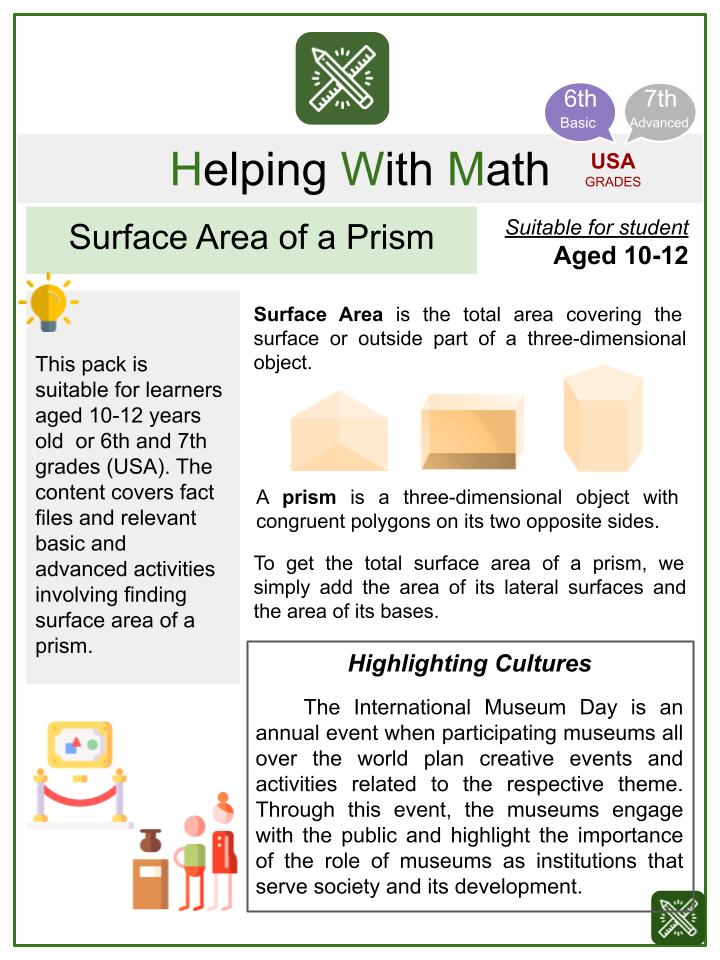 Surface Area of a Prism (International Museum Day themed) Math Worksheets
