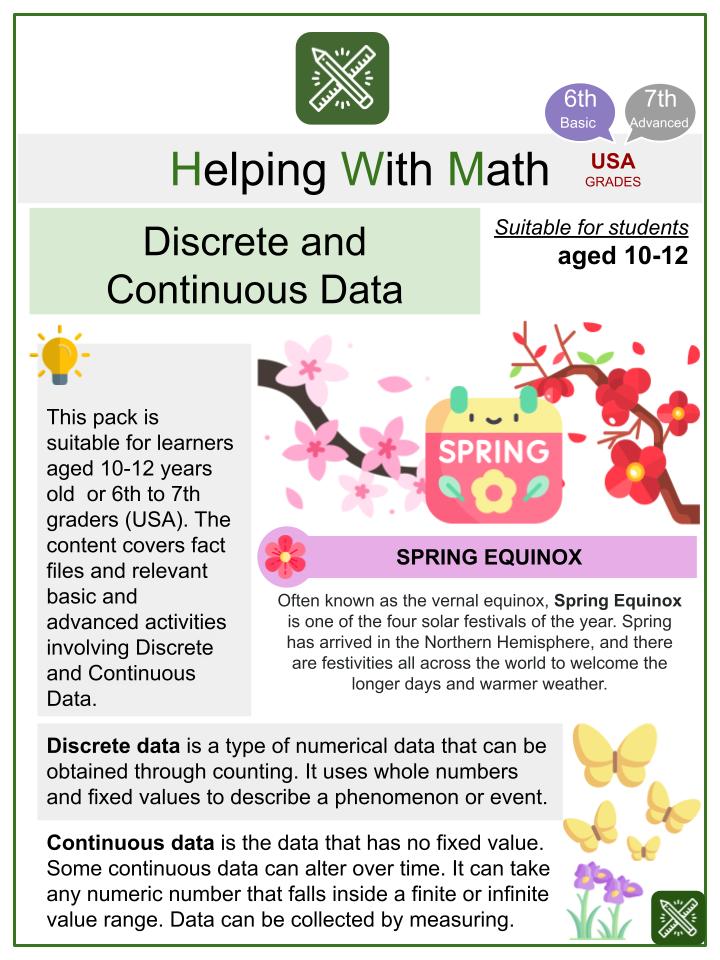 Discrete and Continuous Data (Spring Equinox Themed) Math Worksheets