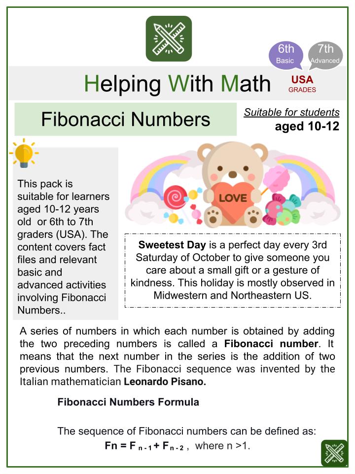 Fibonacci Numbers (Sweetest Day Themed) Math Worksheets