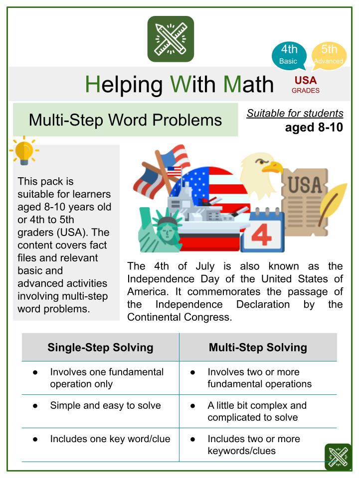 Multi-Step Word Problems (4th of July Themed) Math Worksheets