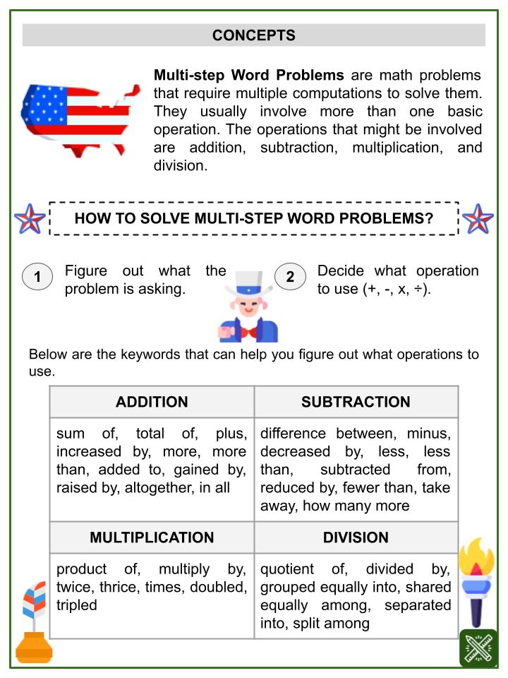 Multi-Step Word Problems (4th of July Themed) Worksheets