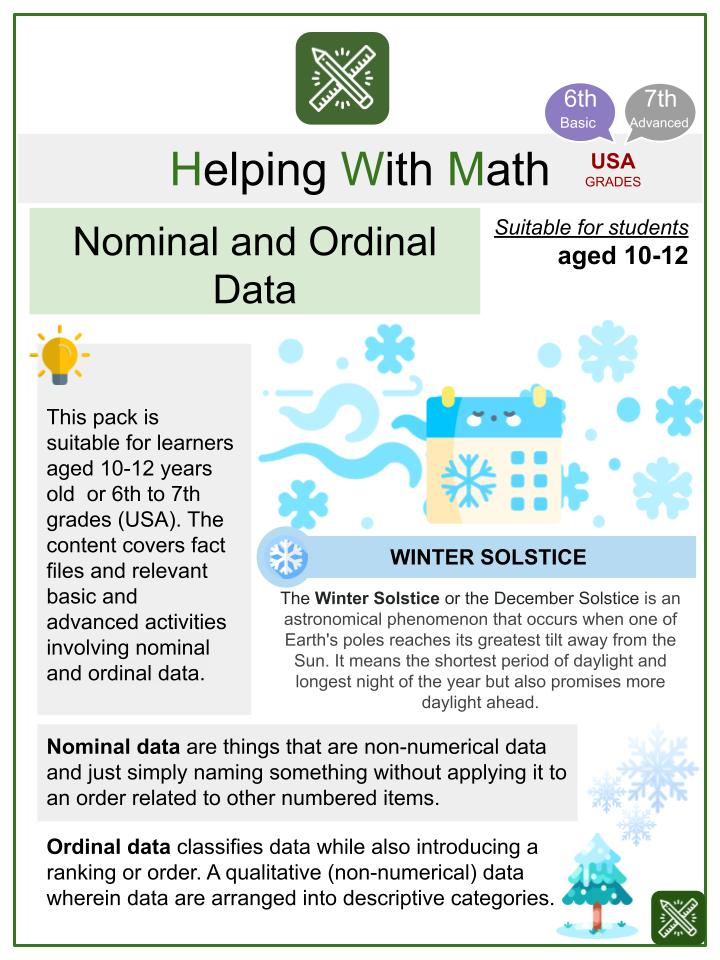 Nominal and Ordinal Data (Winter Solstice Themed) Math Worksheets