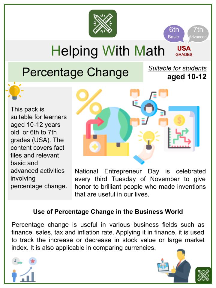 Percentage Change (National Entrepreneur Day Themed) Math Worksheets