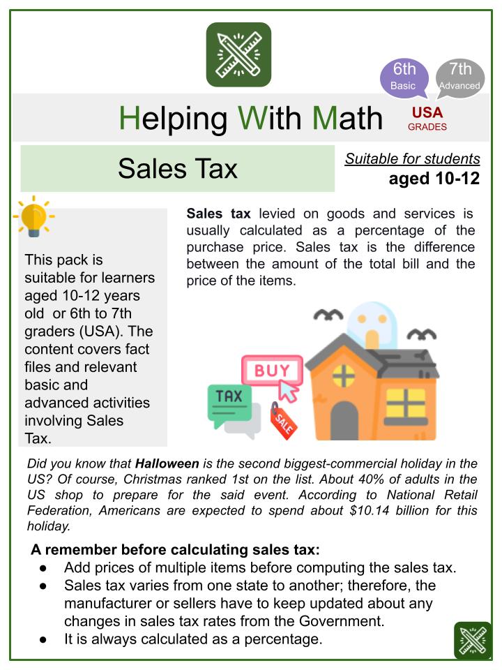Sales Tax Halloween Themed Math PDF Worksheets Activities