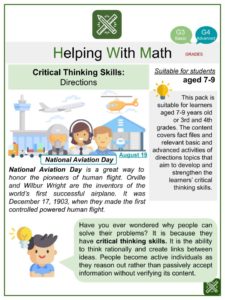 Directions National Aviation Day Themed Math Worksheets | Age 7-9