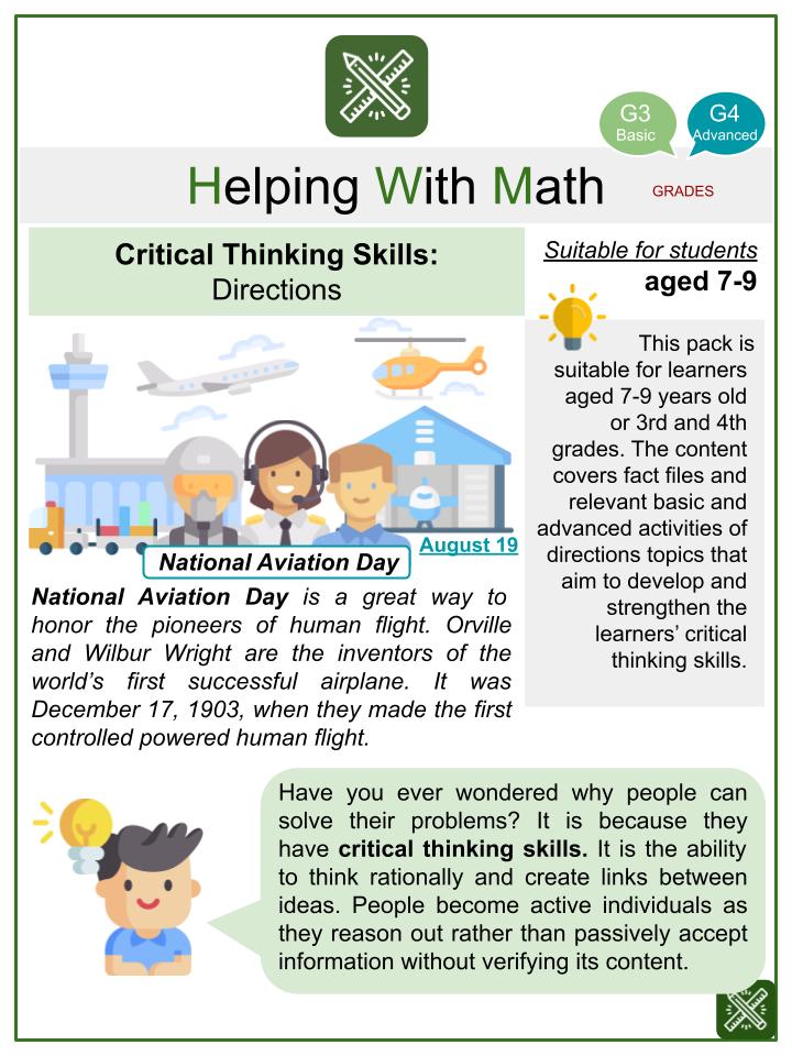 Directions (National Aviation Day Themed) Math Worksheets