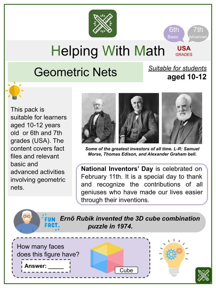 Geometric Nets (National Inventors' Day Themed) Math Worksheets